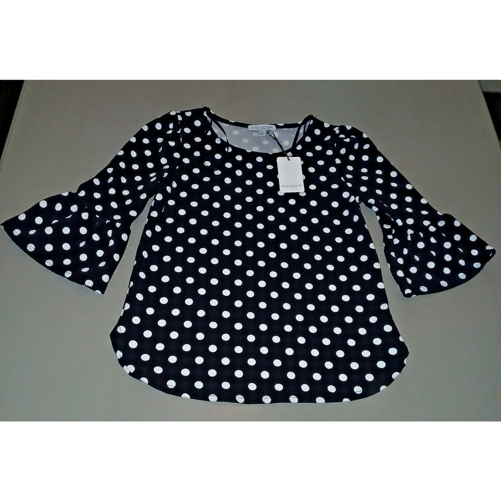 NWT Bold Black/White Polka Dot 3/4Flare Sleeve Top Small Office to Evening Chic